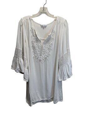 Blue Island White Boho Tunic Top With Crochet Lace Detailing Bell Sleeves Womens
